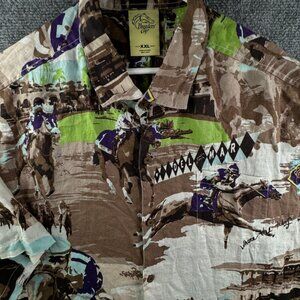 Breeders Cup Linen Shirt 2XL Multicolor Short Sleeve Button Up Horse Print AOP